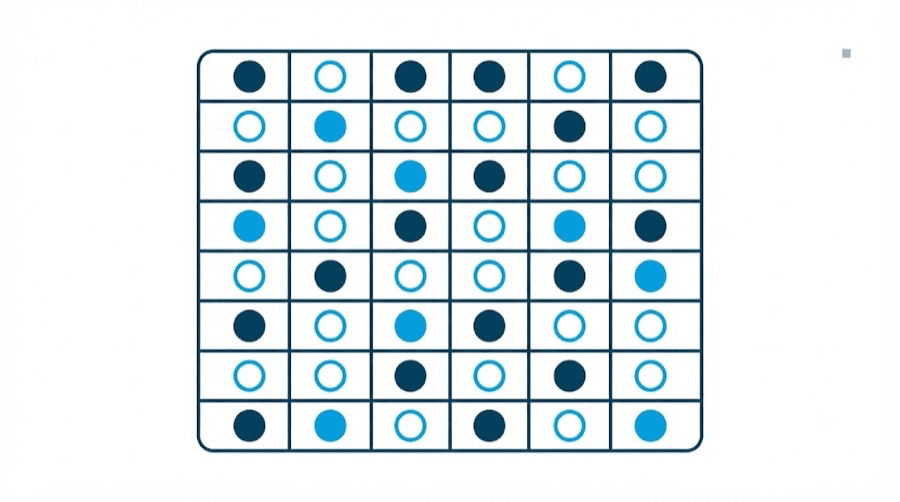Illustration: a grid of small cells each holding either a solid filled circle or a hollow outlined circle, in navy and blue