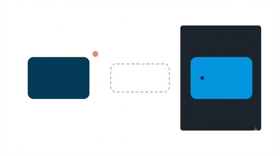 Illustration: the same rounded rectangle shown twice, once dark on a white background and once bright blue on a near-black panel, with an empty dashed outline between them