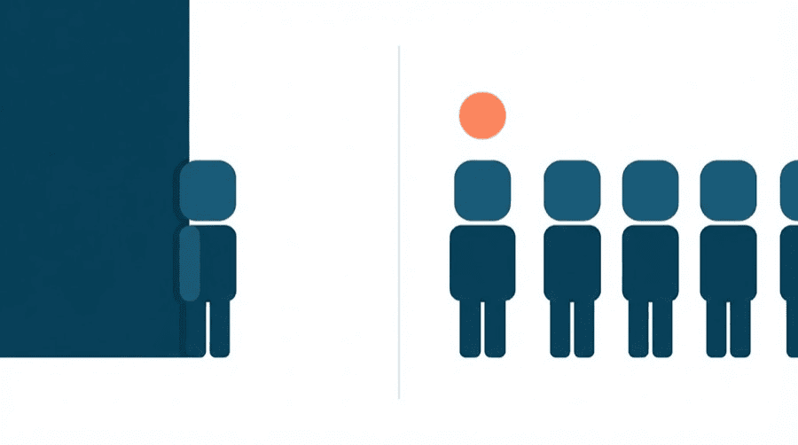 Illustration: a split scene, on the left a small blank figure pressed against a huge solid navy wall, on the right an identical figure standing in a row of similar figures with a coral dot above it