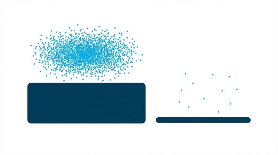 Illustration: a wide dark rectangle under a dense cloud of small blue dots, beside a thin flat bar under only a scattering of them