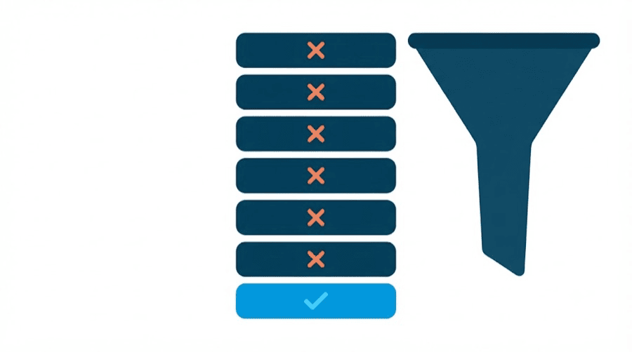 Illustration: a vertical stack of dark cards each marked with a coral cross and one marked with a blue tick, beside a large funnel narrowing downward