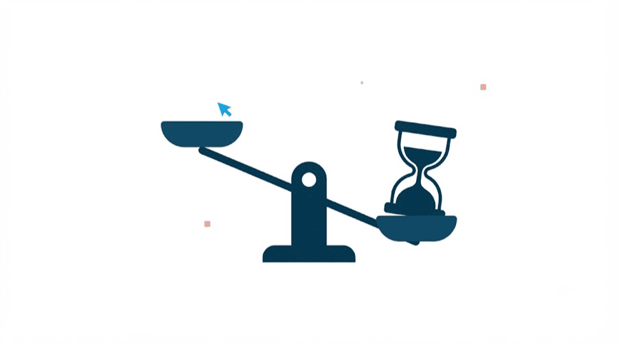 Illustration: a set of balance scales with a small blue cursor arrow in the raised pan and a large navy hourglass weighing down the other