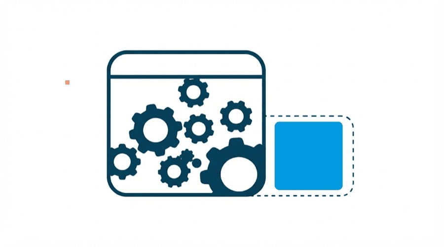 Illustration: an open navy box filled with interlocking gears, with a bright blue rounded square sitting outside it inside a dashed outline