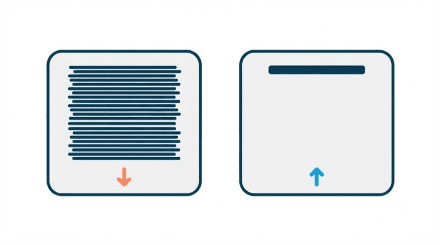 Illustration: two pale cards side by side, the left crowded with many stacked dark lines and a coral arrow pointing down, the right holding one short bar and a blue arrow pointing up