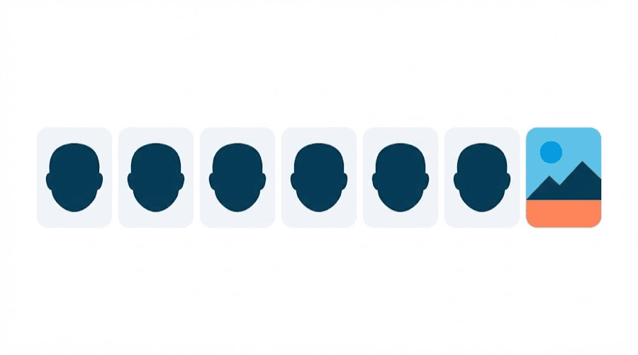 Illustration: a row of six pale cards each holding an identical blank dark head shape, and a seventh card holding a bright landscape instead