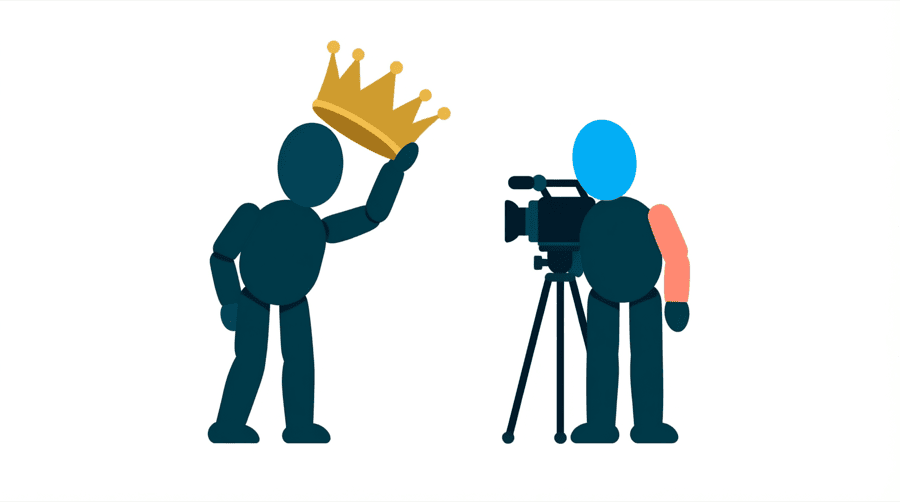 Illustration: two figures, one holding a gold crown up high and one standing behind a video camera on a tripod