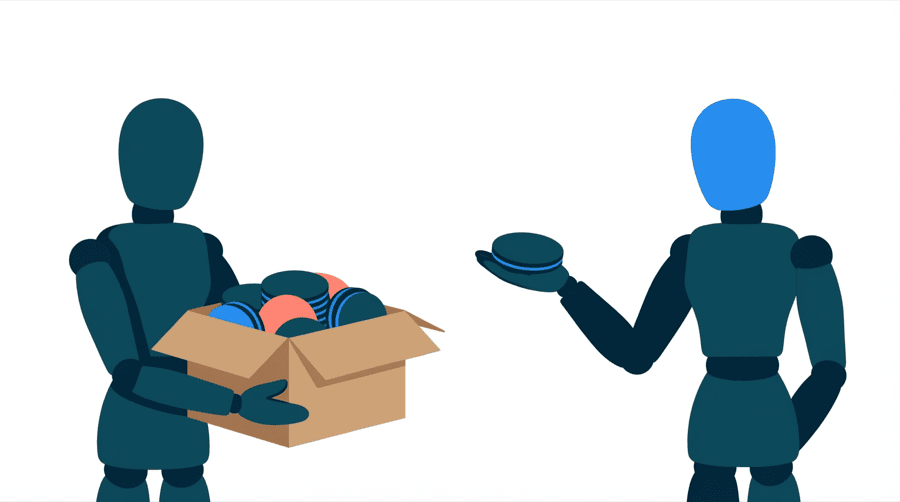 Illustration: two figures, the left one holding out an open cardboard box full of round discs and the right one holding a single disc on an open palm