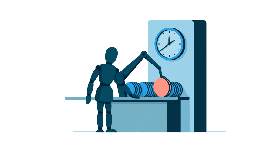 Illustration: a figure beside a tall wall clock while a long mechanical arm sweeps a row of round discs off a flat shelf