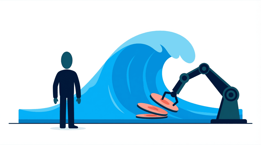 Illustration: a figure standing beside a large wave that has already broken, while a mechanical arm lifts round discs off the flat water behind it