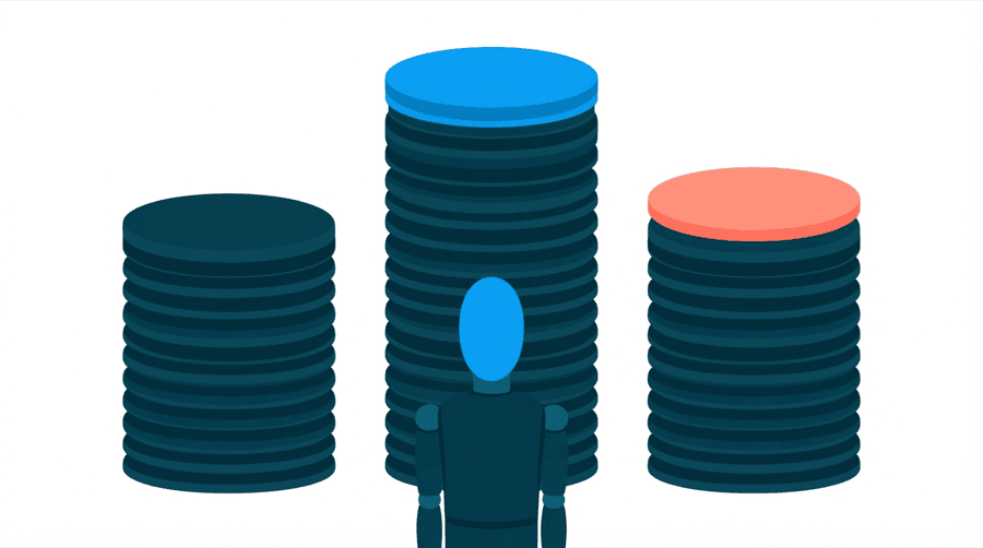 Illustration: a figure in front of three tall stacked columns of round discs of three different heights