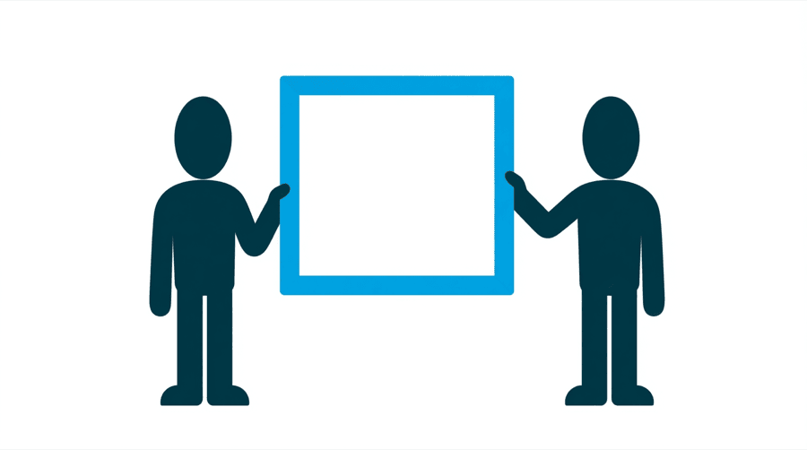 Illustration: two figures, one holding a large empty rectangular picture frame and the other reaching a hand toward the frame