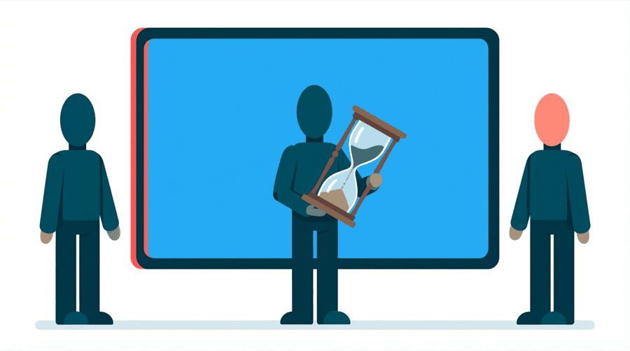 Illustration: three figures beside a large screen, the middle one holding a tall hourglass, with a thin red line down the left edge of the screen