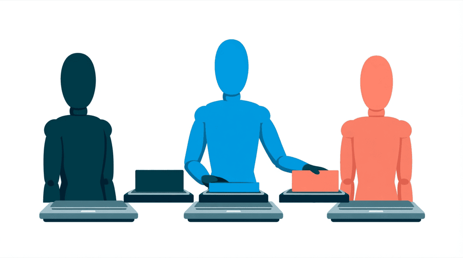 Illustration: three figures standing at three separate flat scales in a row, each scale holding its own small rectangle