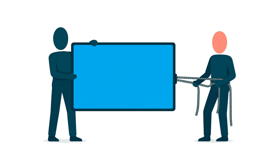 Illustration: two figures, one holding a large screen and the other pulling a thick rope tied to the screen