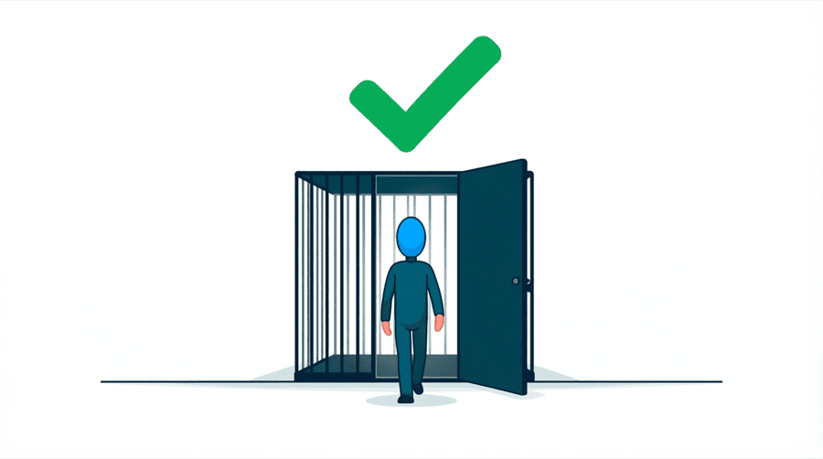 Illustration: a figure walking out through the wide open door of a small empty cage with a large green check mark above it