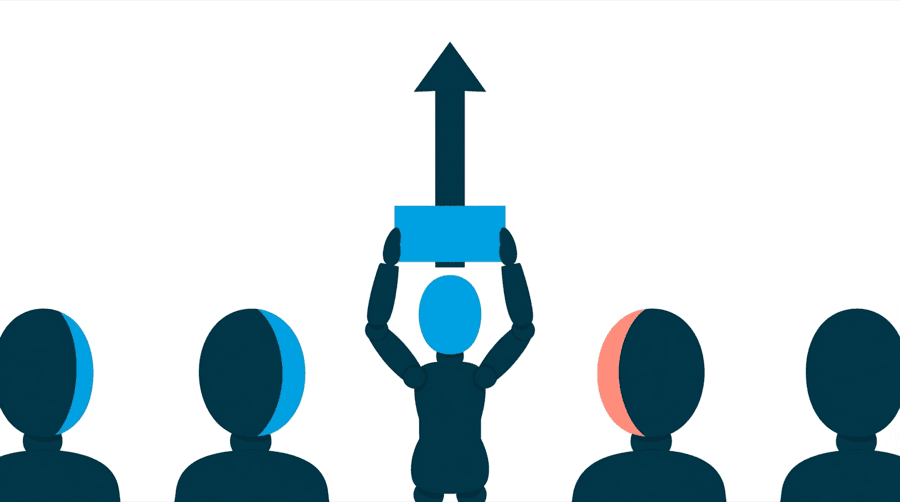 Illustration: a figure raising both arms above a small rectangle with a thick upward arrow rising from the rectangle