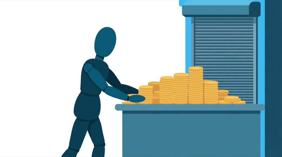 Illustration: a figure pushing a tall stack of gold coins across a flat counter toward a closed metal shutter