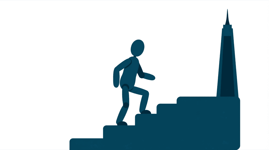 Illustration: a figure climbing a short flight of three wide steps with a tall separate tower standing far away on the right