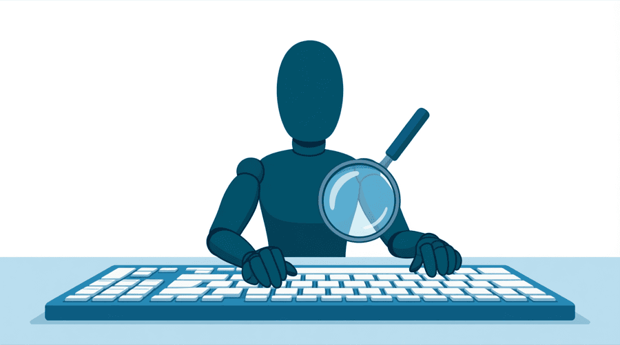 Illustration: a figure typing on a large flat keyboard with a wide magnifying glass floating above it