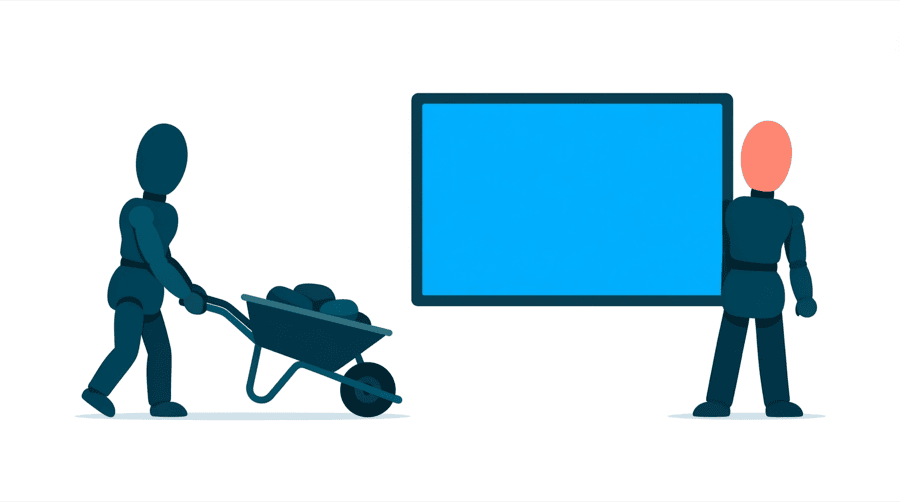 Illustration: two figures, one pushing a loaded wheelbarrow and the other standing beside a large open screen
