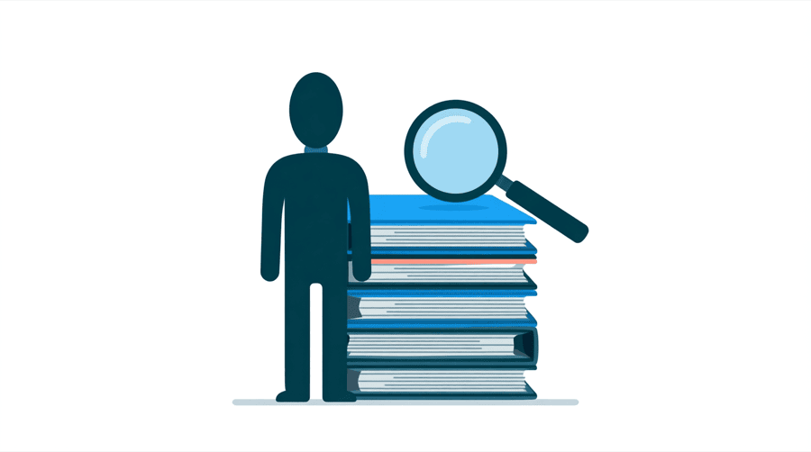 Illustration: a figure beside a tall stack of flat closed folders with a large magnifying glass over the top folder