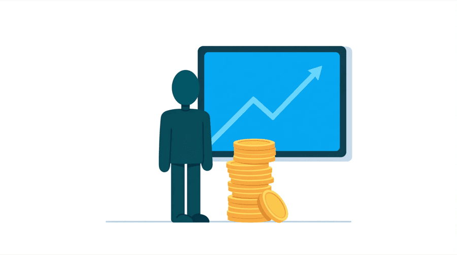 Illustration: a figure beside a large screen showing a rising line with a tall stack of gold coins sitting untouched on the floor
