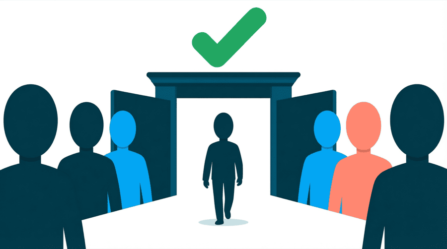Illustration: a figure walking through a wide open gate with a large green check mark above it