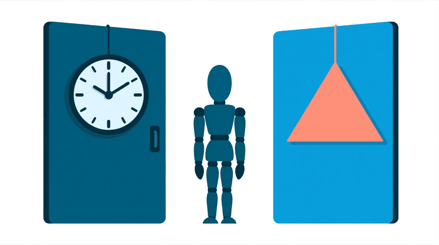 Illustration: a figure standing between two tall open doors, a round clock on the left door and a play triangle on the right door