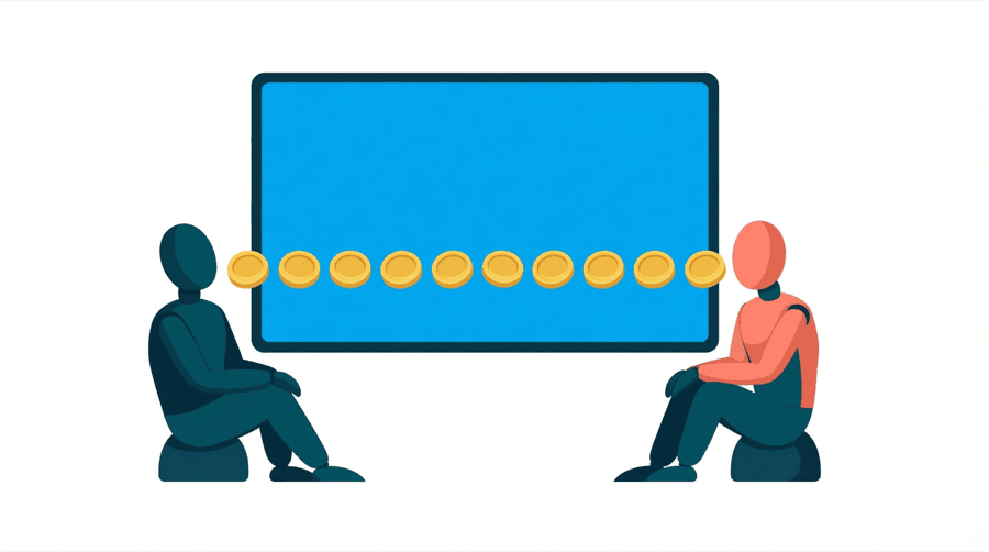 Illustration: two figures, one facing a large screen and a line of gold coins travelling from the screen to the other figure