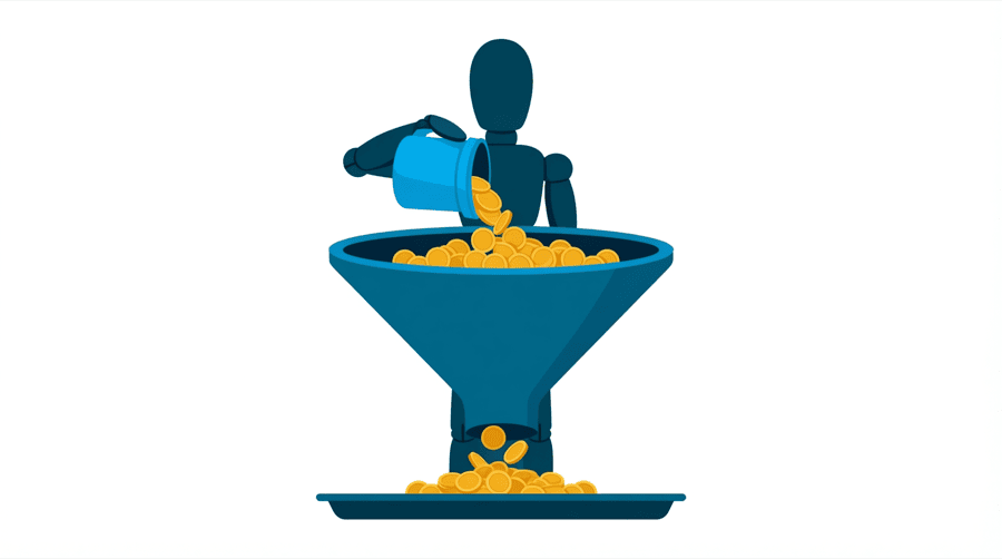 Illustration: a figure pouring gold coins into the wide top of a large funnel while small round discs fall out of the narrow bottom onto a tray