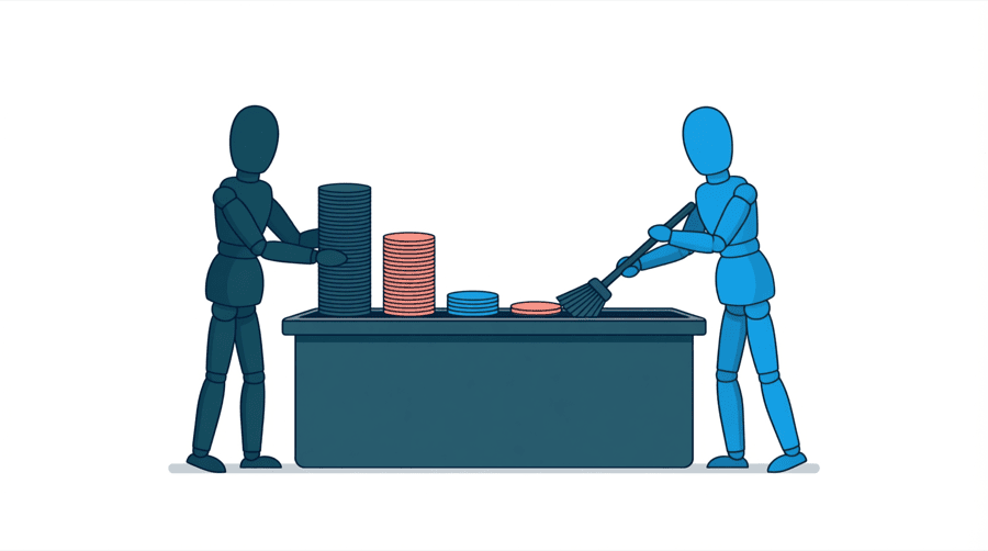Illustration: two figures at a long counting desk, one pushing a tall stack of round discs forward and the other sweeping the discs into a bin