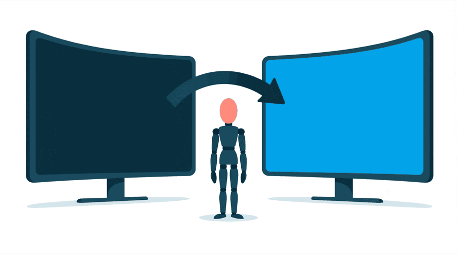 Illustration: a figure standing between two large screens with a thick curved arrow leaving the left screen and entering the right screen