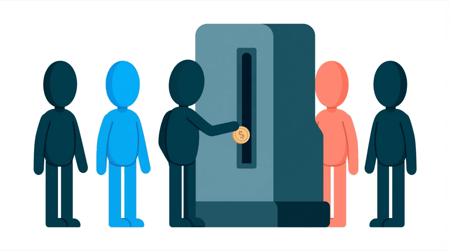 Illustration: a figure dropping a single small coin into a tall narrow slot on the front of a large machine