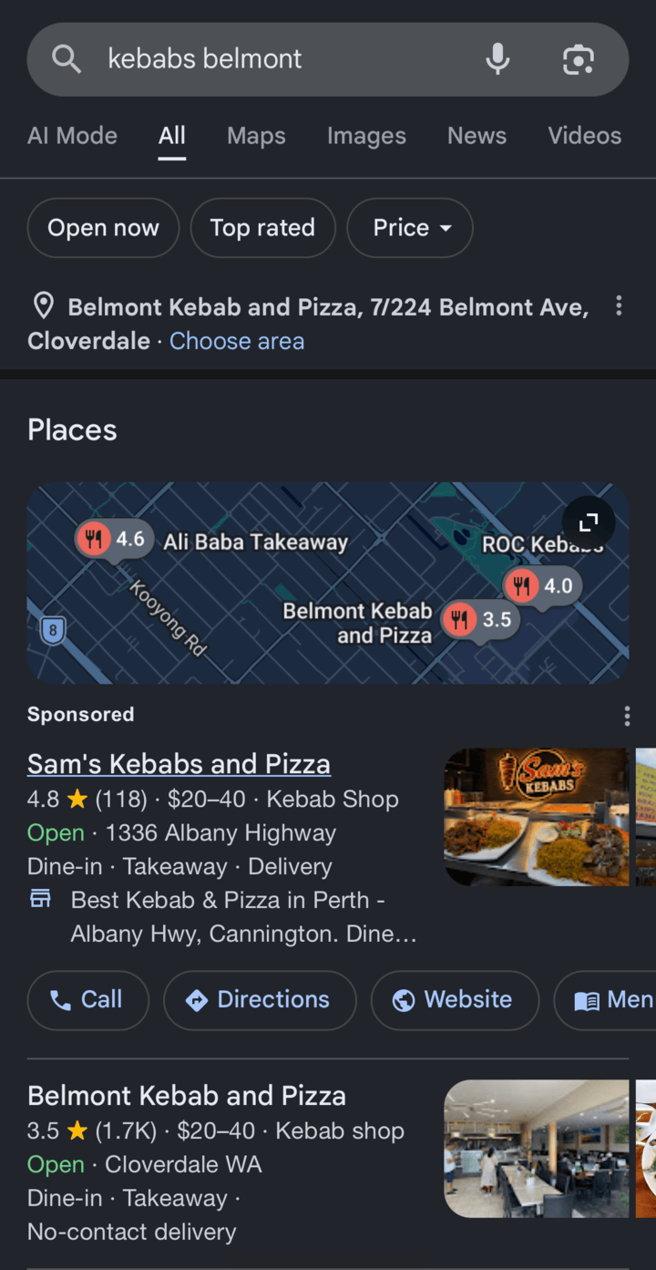 A phone showing a Google search for kebabs belmont. Under the search box is a Places block with a map holding three pins, then a result marked Sponsored, then two more kebab shops with star ratings.