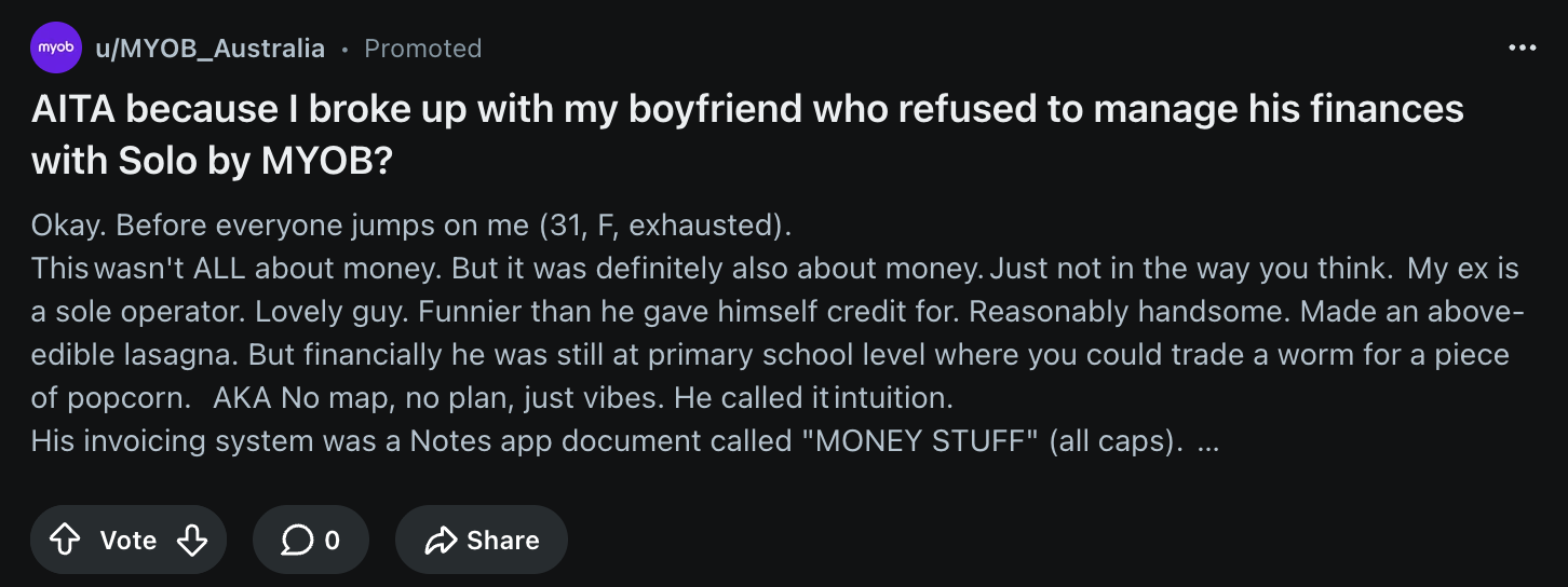 A promoted text post from MYOB written as an 'Am I the asshole' story about a partner who would not manage his finances