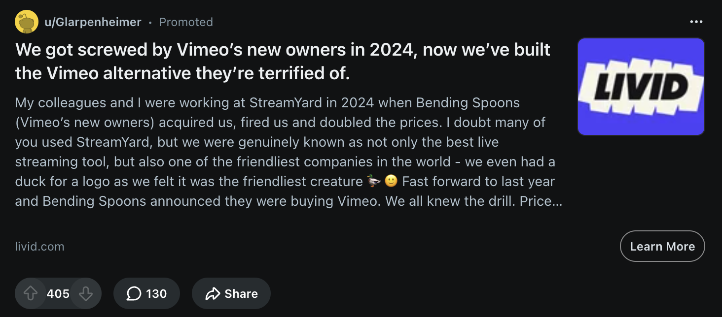 A promoted post from Livid with 405 upvotes and 130 comments, written as a founder story about a company acquisition