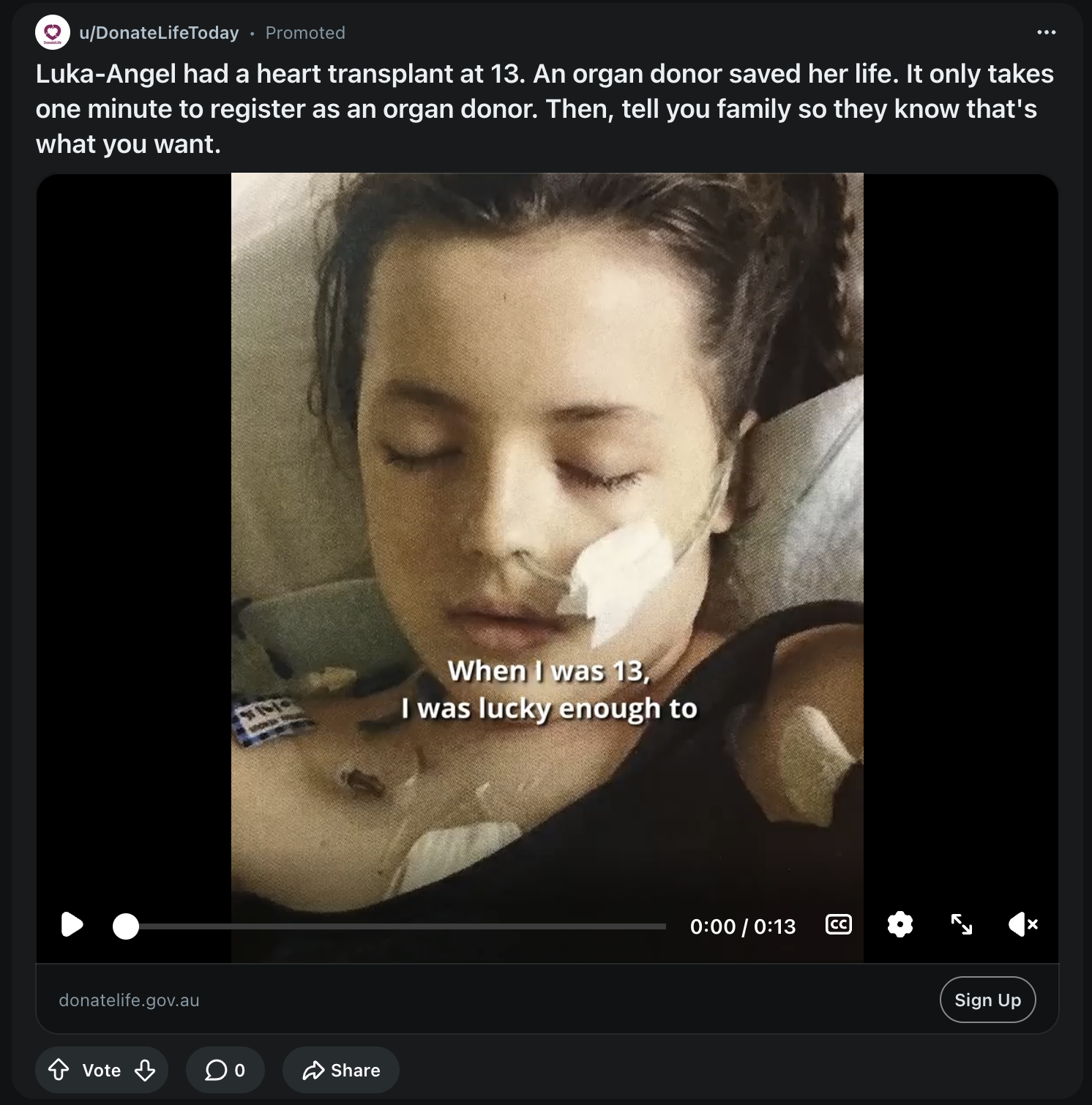 A promoted video ad from DonateLife telling the story of a girl who received a heart transplant at 13