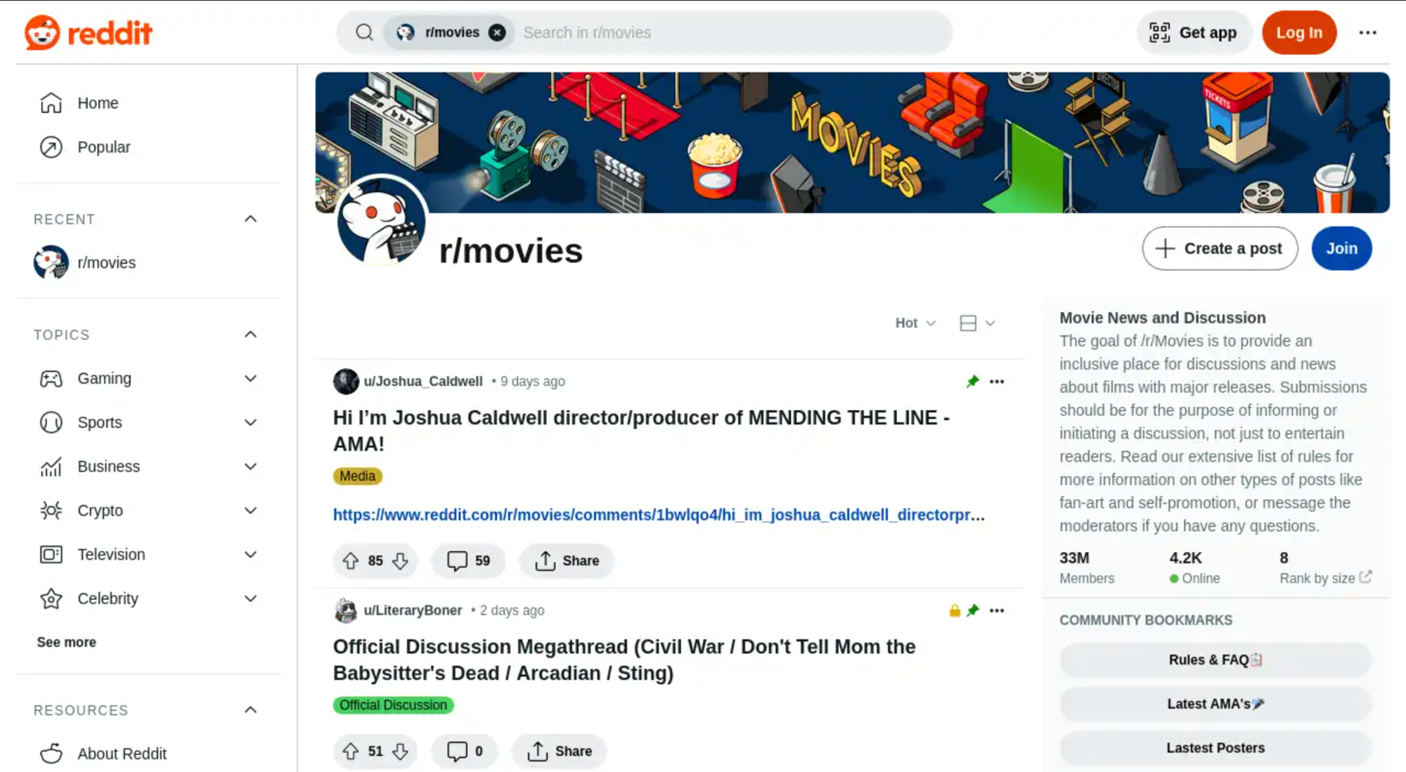 The r/movies subreddit page, showing 33 million members and the community sidebar