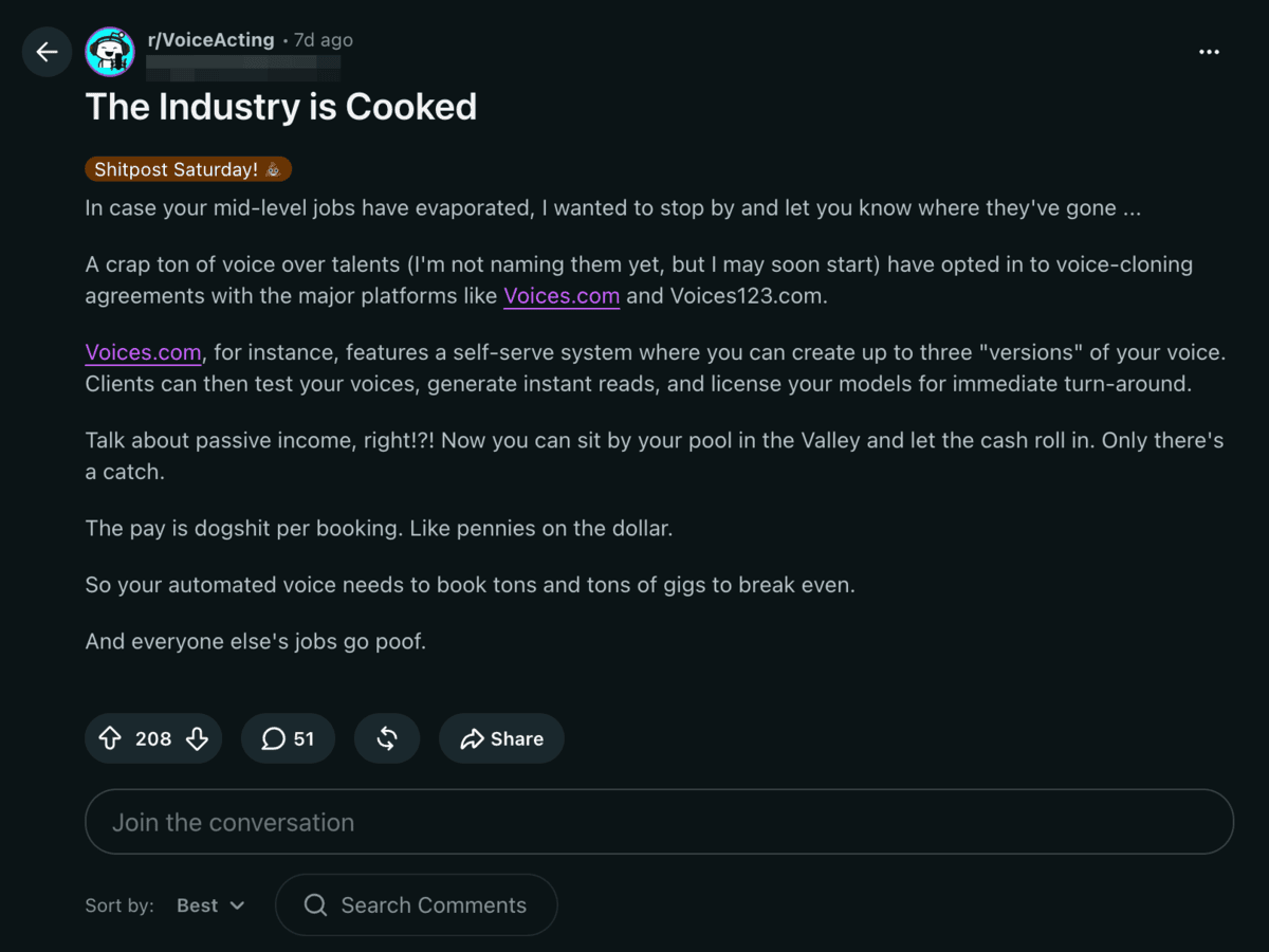 A Reddit post in r/VoiceActing titled The Industry is Cooked, flaired Shitpost Saturday, complaining that voice actors have signed voice-cloning deals, with one platform name hyperlinked twice, sitting at 208 upvotes and 51 comments