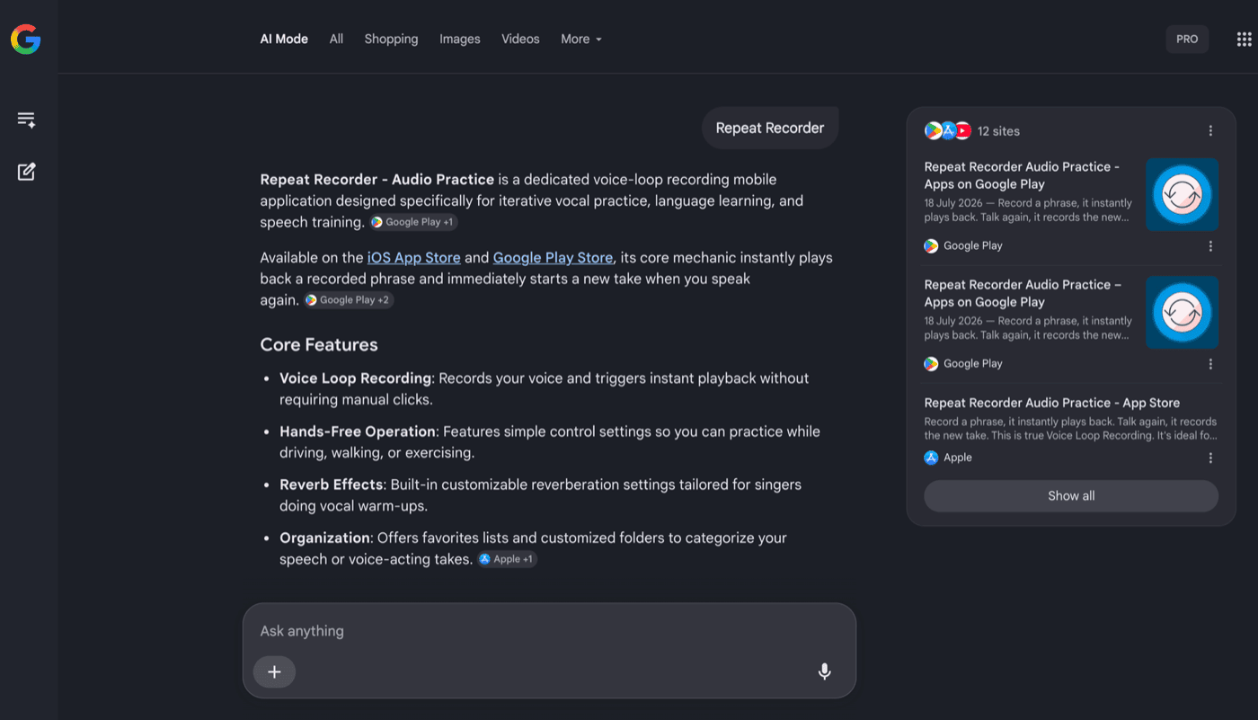 Google AI Mode answering a search for Repeat Recorder, describing the app and citing the App Store and Google Play across twelve sources