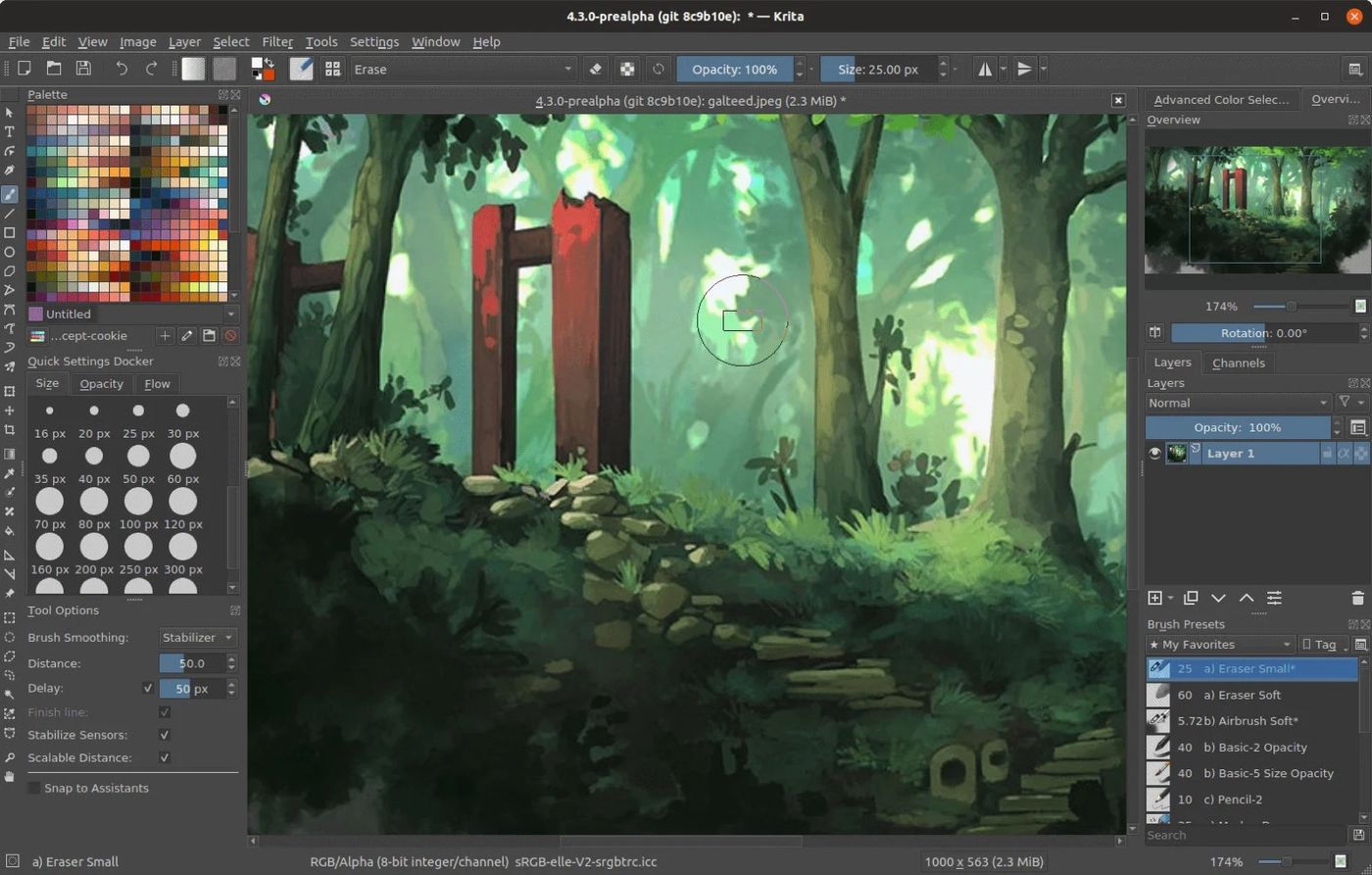 A digital forest painting open in Krita, showing its brush palette and layers panel