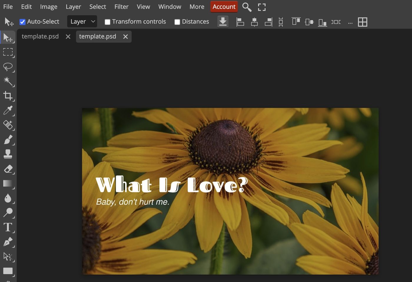 A flower graphic with the text What Is Love open in Photopea, a browser-based Photoshop-style editor