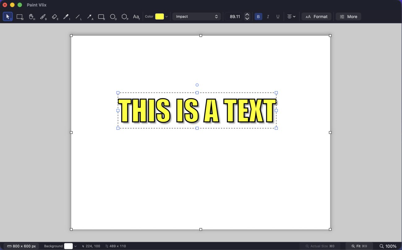 A rich text box in Paint Vlix reading THIS IS A TEXT in yellow Impact with a black outline and drop shadow