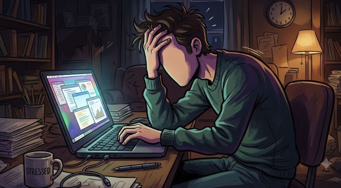 An illustration of a frustrated person with a hand on their forehead, hunched over a laptop late at night, next to a mug reading Stressed