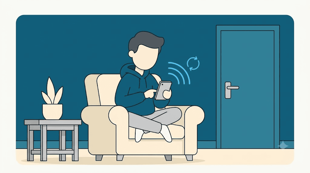 Illustration: practising an accent at home with a phone, no classroom needed