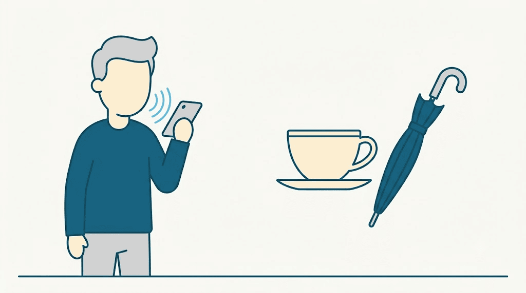 Illustration: practising a British accent into a phone