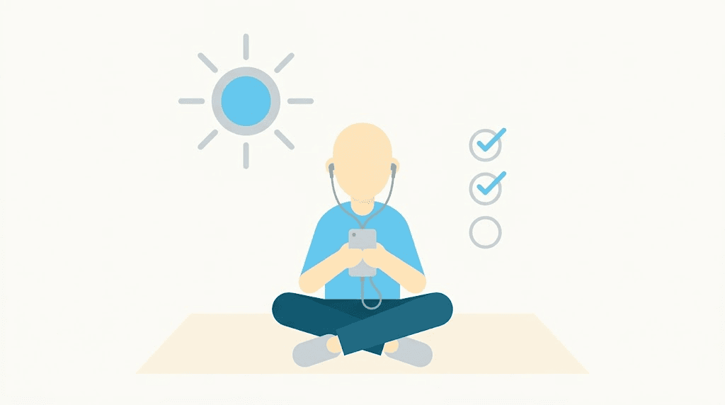 Illustration: a simple daily accent-practice habit with a phone and earbuds