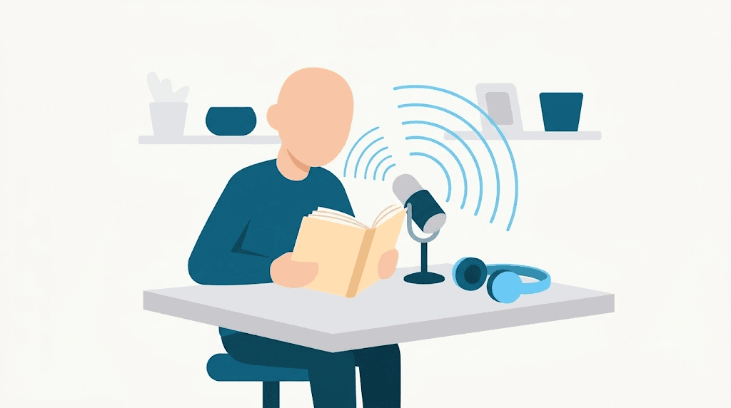 Illustration: narrating a book aloud into a studio microphone