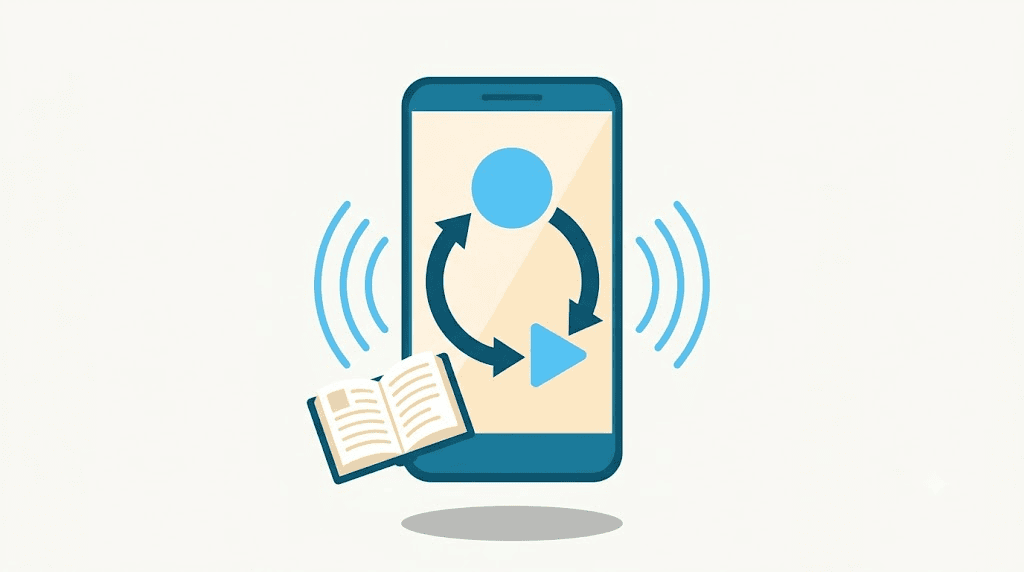 Illustration: a phone showing the record-then-replay loop beside a book