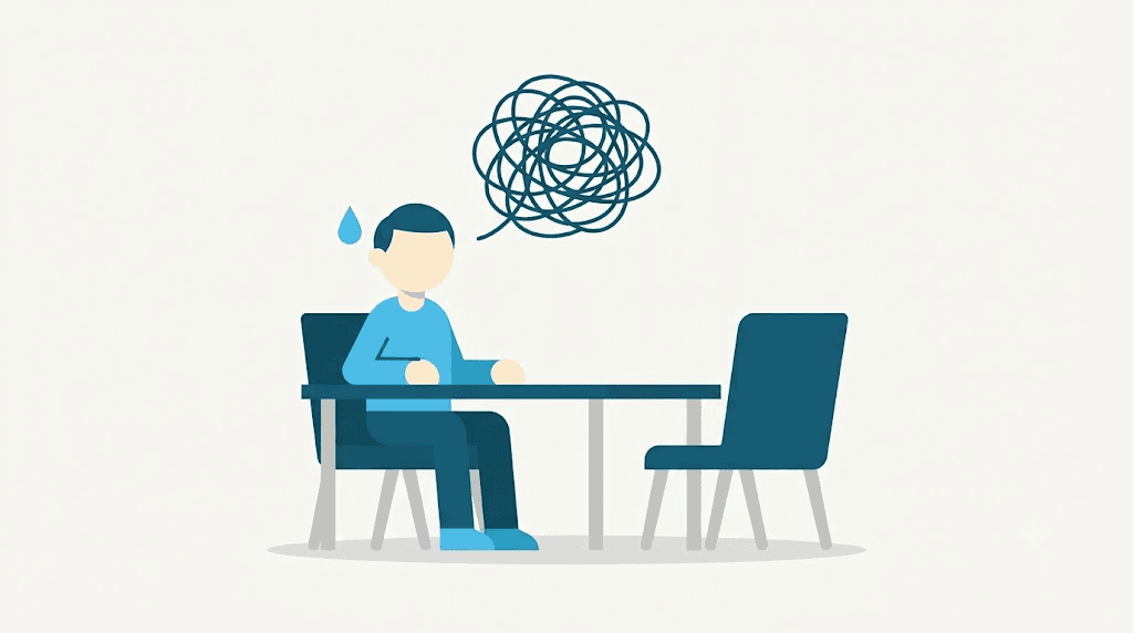 Illustration: a rehearsed answer coming apart across an interview desk